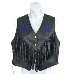 TRD Leathers Womens Black Leather Fringe Vest Blue Feather Wolf Moon SZ XXL